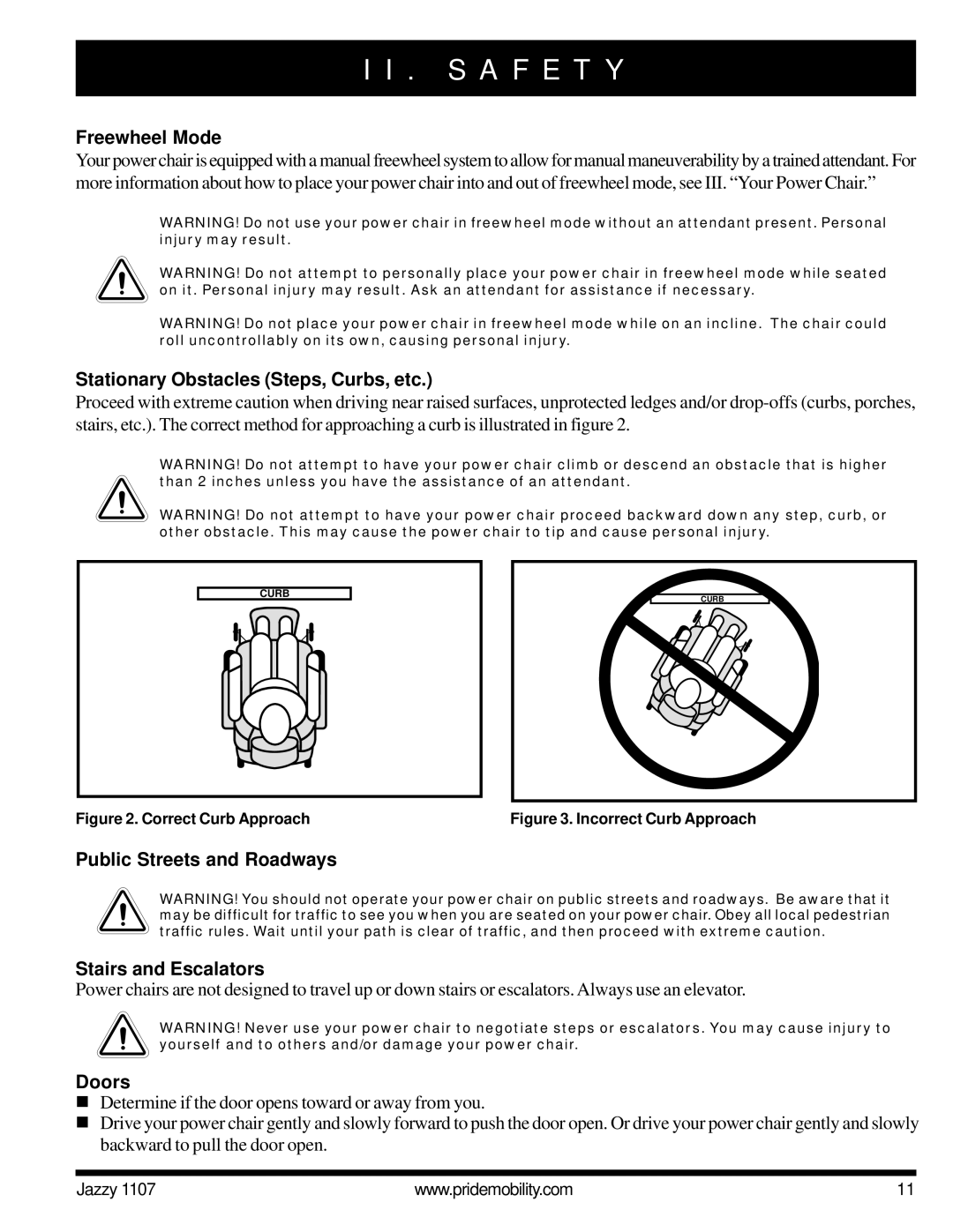 Pride Mobility 1107 owner manual Freewheel Mode, Stationary Obstacles Steps, Curbs, etc, Doors 