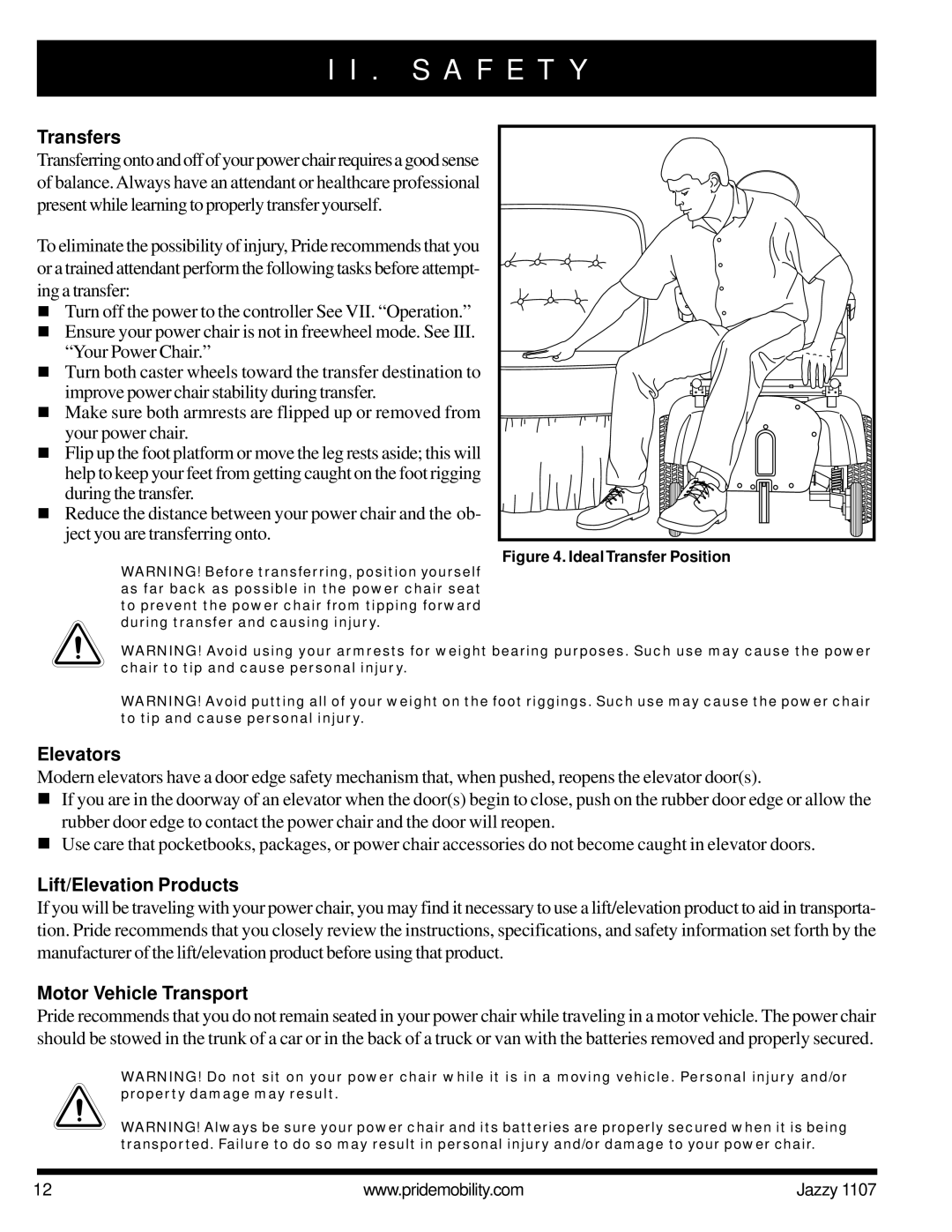 Pride Mobility 1107 owner manual Transfers, Elevators, Lift/Elevation Products, Motor Vehicle Transport 