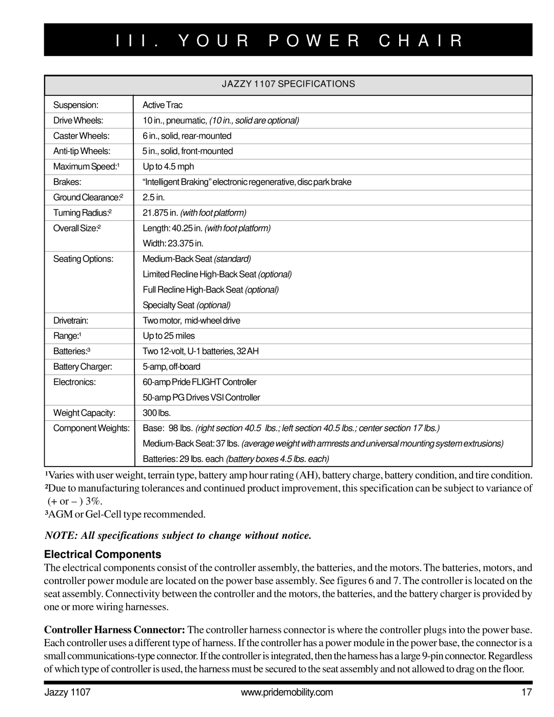 Pride Mobility owner manual Electrical Components, Jazzy 1107 Specifications 