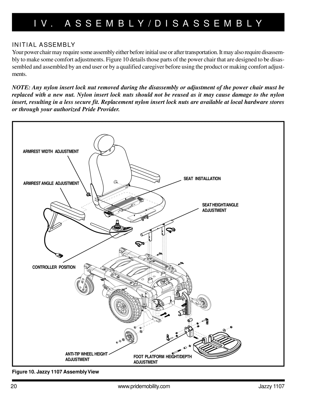 Pride Mobility 1107 owner manual A S S E M B L Y / D I S a S S E M B L Y, Initial Assembly 