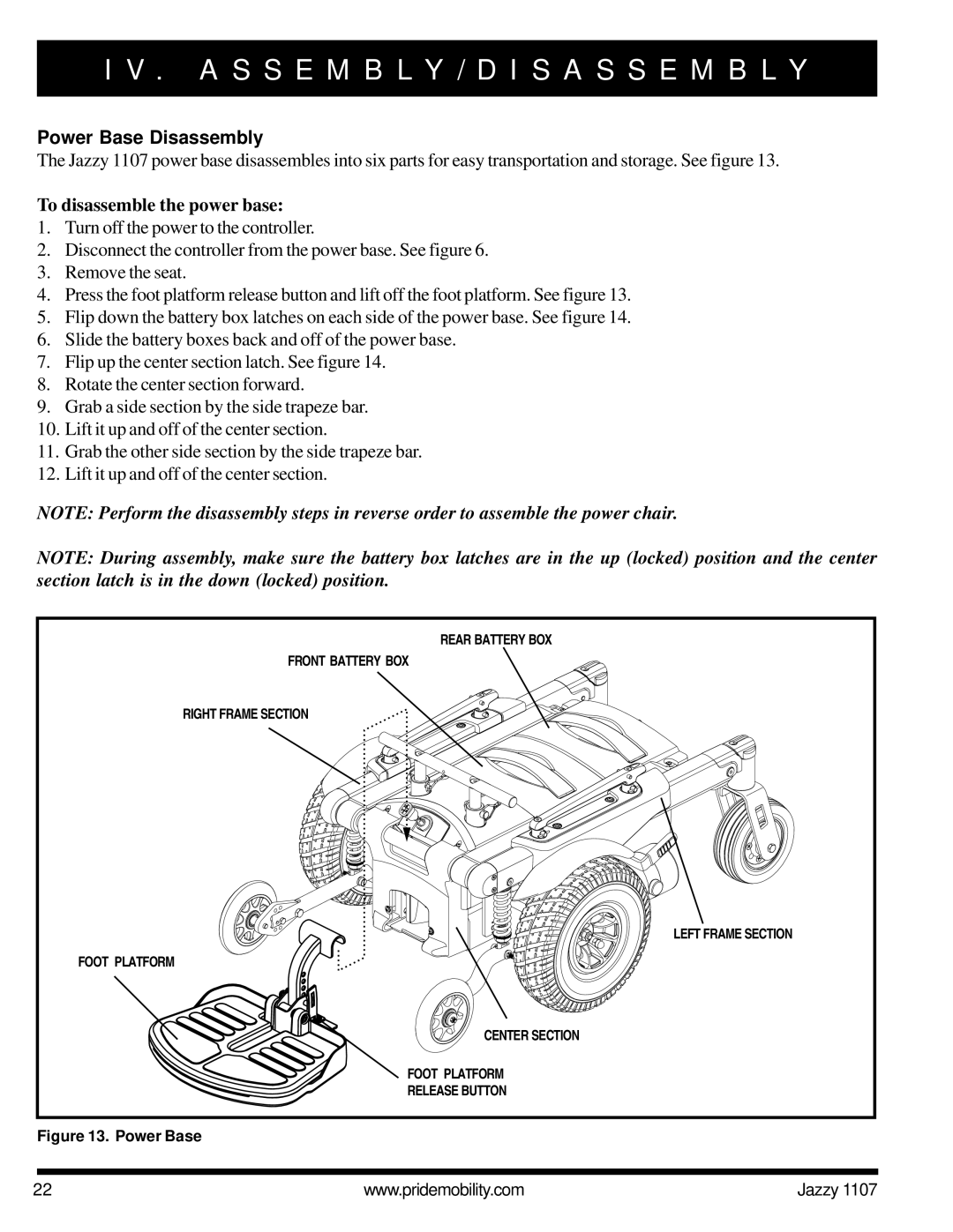 Pride Mobility 1107 owner manual Power Base Disassembly, To disassemble the power base 