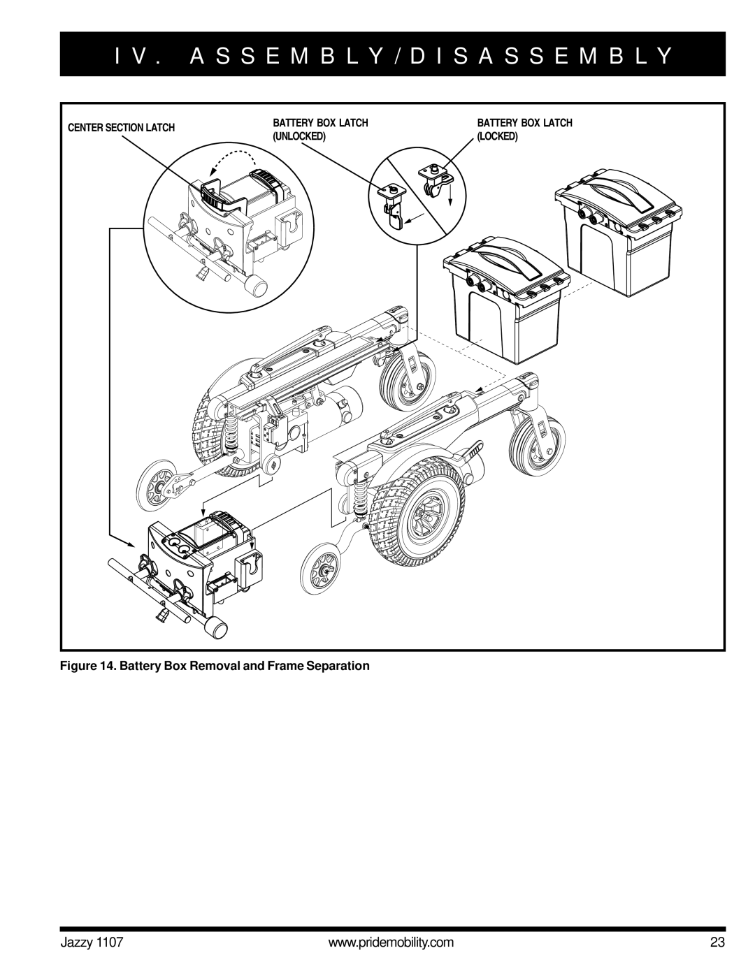 Pride Mobility 1107 owner manual Battery Box Removal and Frame Separation 