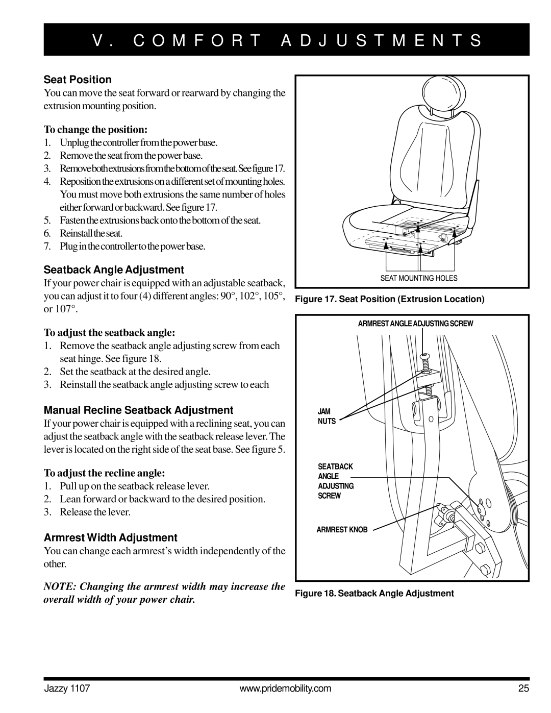 Pride Mobility 1107 Seat Position, Seatback Angle Adjustment, Manual Recline Seatback Adjustment, Armrest Width Adjustment 