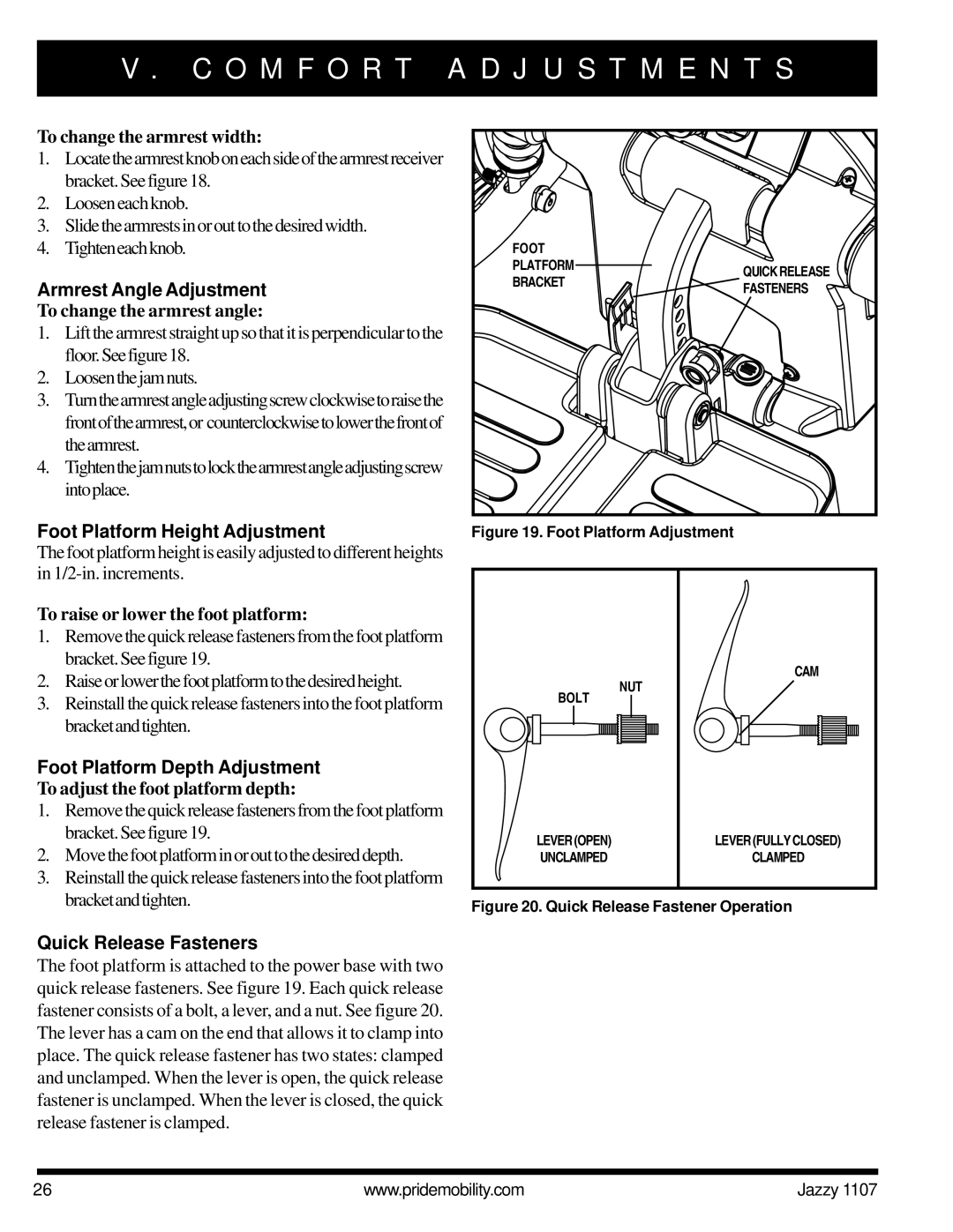 Pride Mobility 1107 owner manual Armrest Angle Adjustment, Foot Platform Height Adjustment, Foot Platform Depth Adjustment 