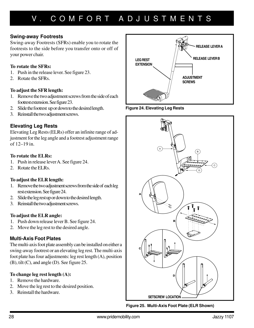 Pride Mobility 1107 owner manual Swing-away Footrests, Elevating Leg Rests, Multi-Axis Foot Plates 