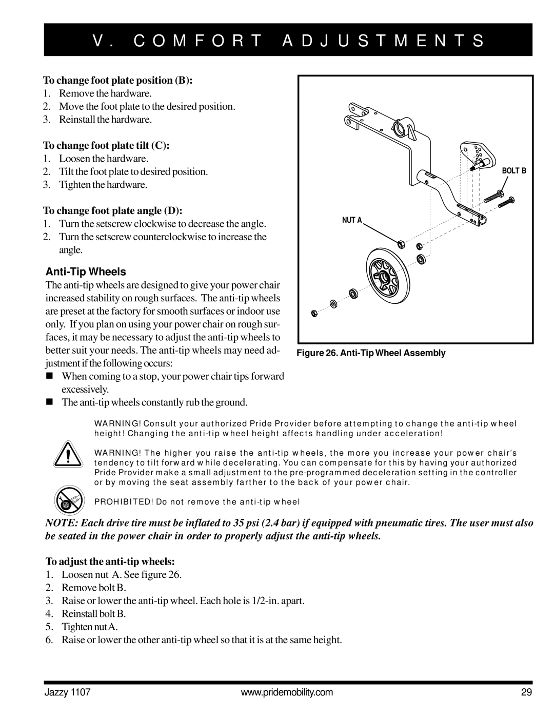 Pride Mobility 1107 owner manual To change foot plate position B, To change foot plate tilt C, To change foot plate angle D 