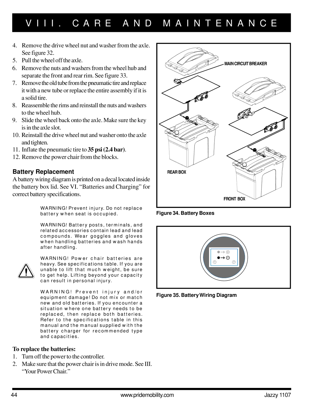 Pride Mobility 1107 owner manual I I . C a R E a N D, Battery Replacement, To replace the batteries 
