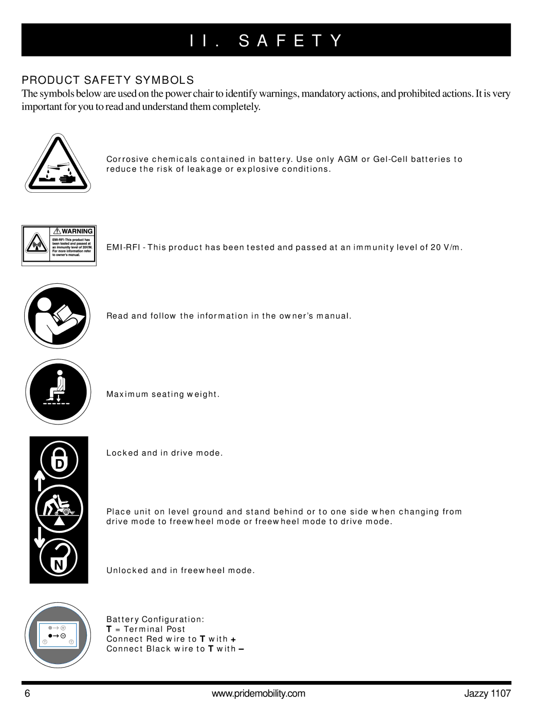 Pride Mobility 1107 owner manual S a F E T Y, Product Safety Symbols 