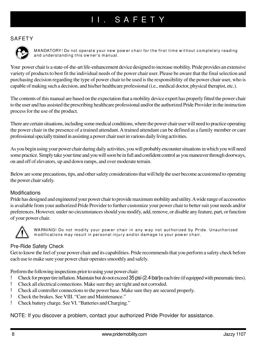 Pride Mobility 1107 owner manual Modifications, Pre-Ride Safety Check 