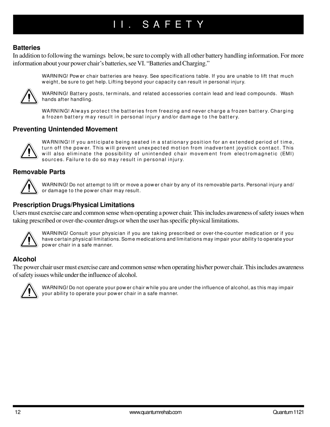 Pride Mobility 1121 owner manual Batteries, Alcohol 