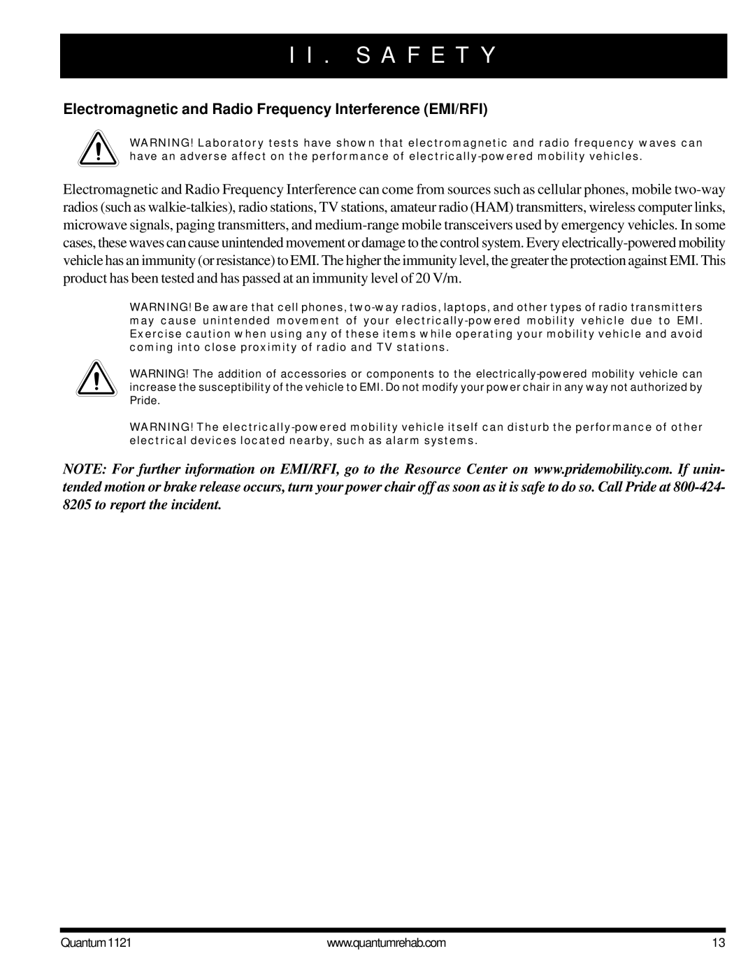 Pride Mobility 1121 owner manual Electromagnetic and Radio Frequency Interference EMI/RFI 