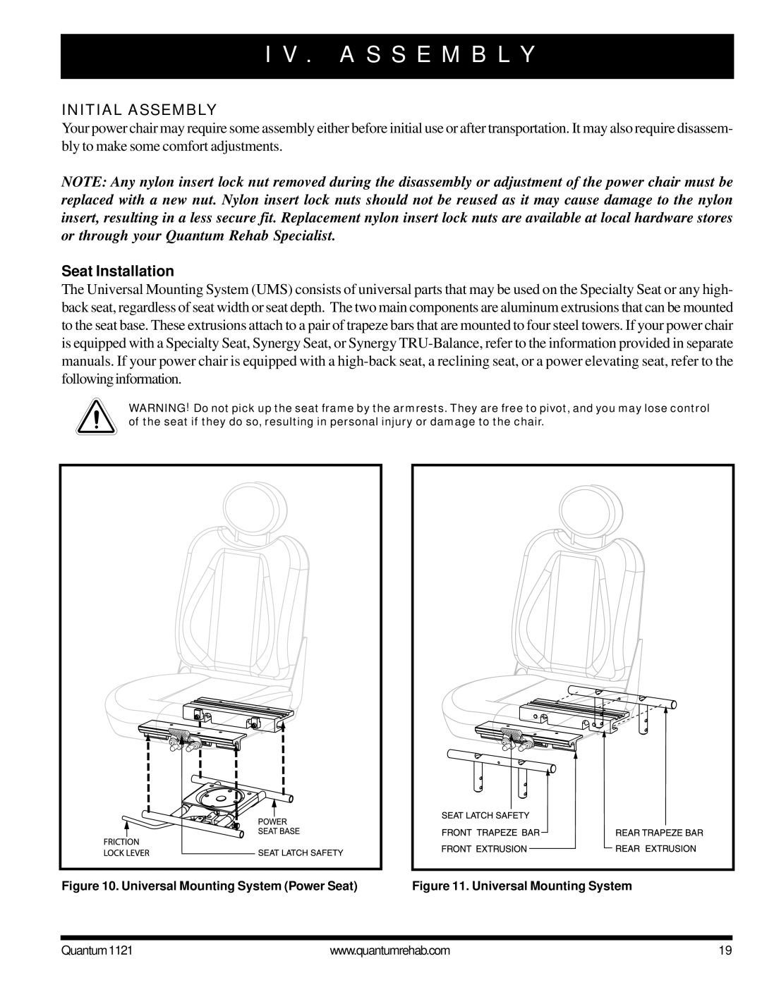 Pride Mobility 1121 owner manual A S S E M B L Y, Initial Assembly, Seat Installation 