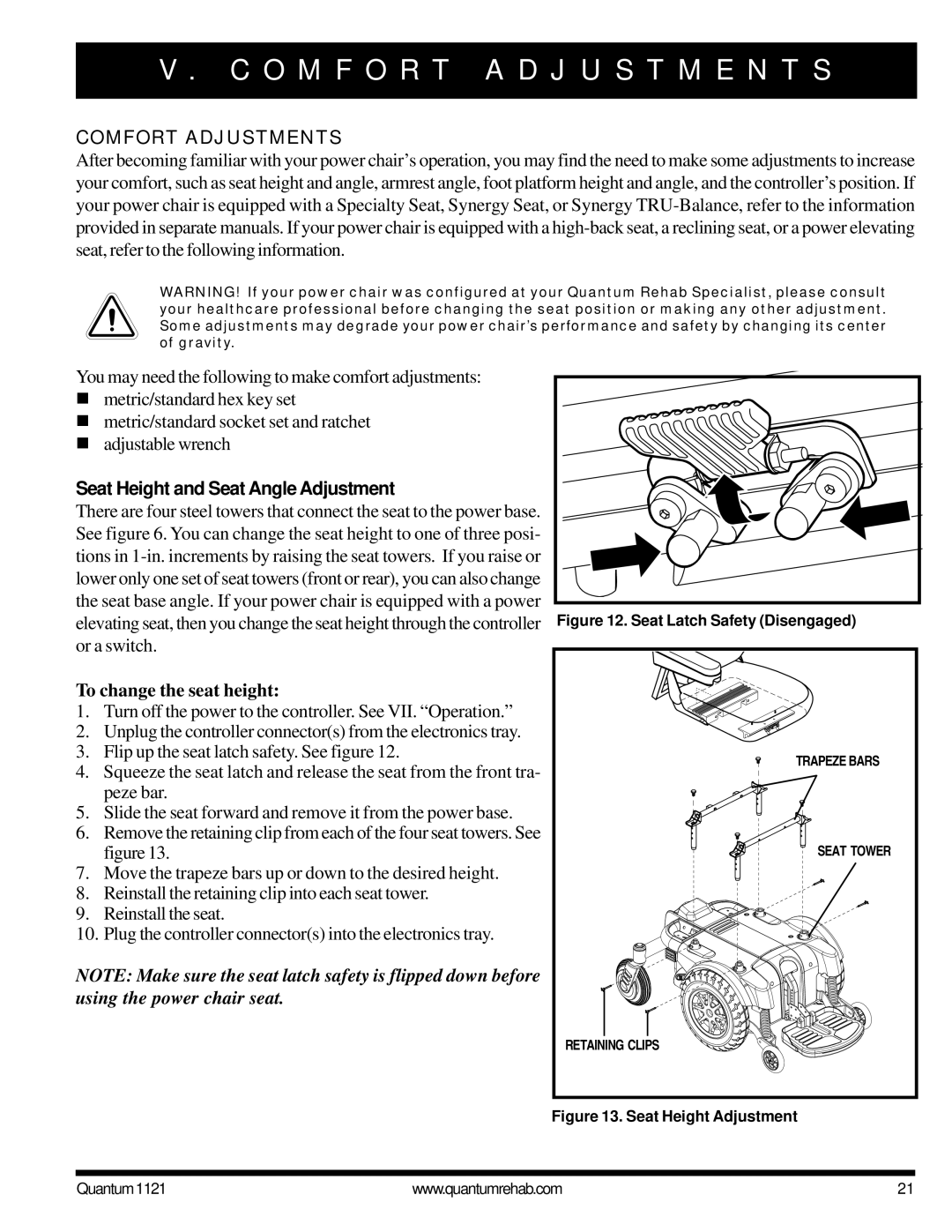 Pride Mobility 1121 O M F O R T a D J U S T M E N T S, Comfort Adjustments, Seat Height and Seat Angle Adjustment 