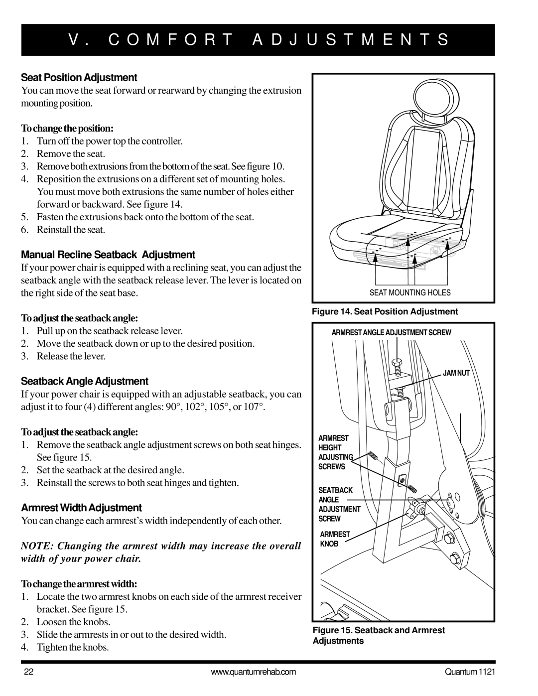 Pride Mobility 1121 owner manual Seat Position Adjustment, Manual Recline Seatback Adjustment, Seatback Angle Adjustment 