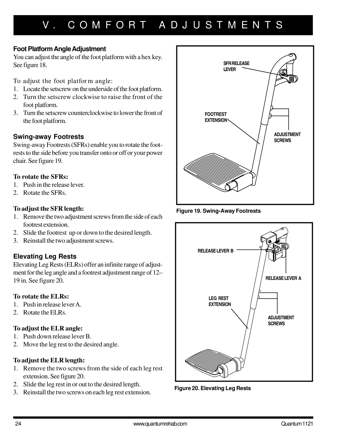 Pride Mobility 1121 owner manual Foot Platform Angle Adjustment, Swing-away Footrests, Elevating Leg Rests 