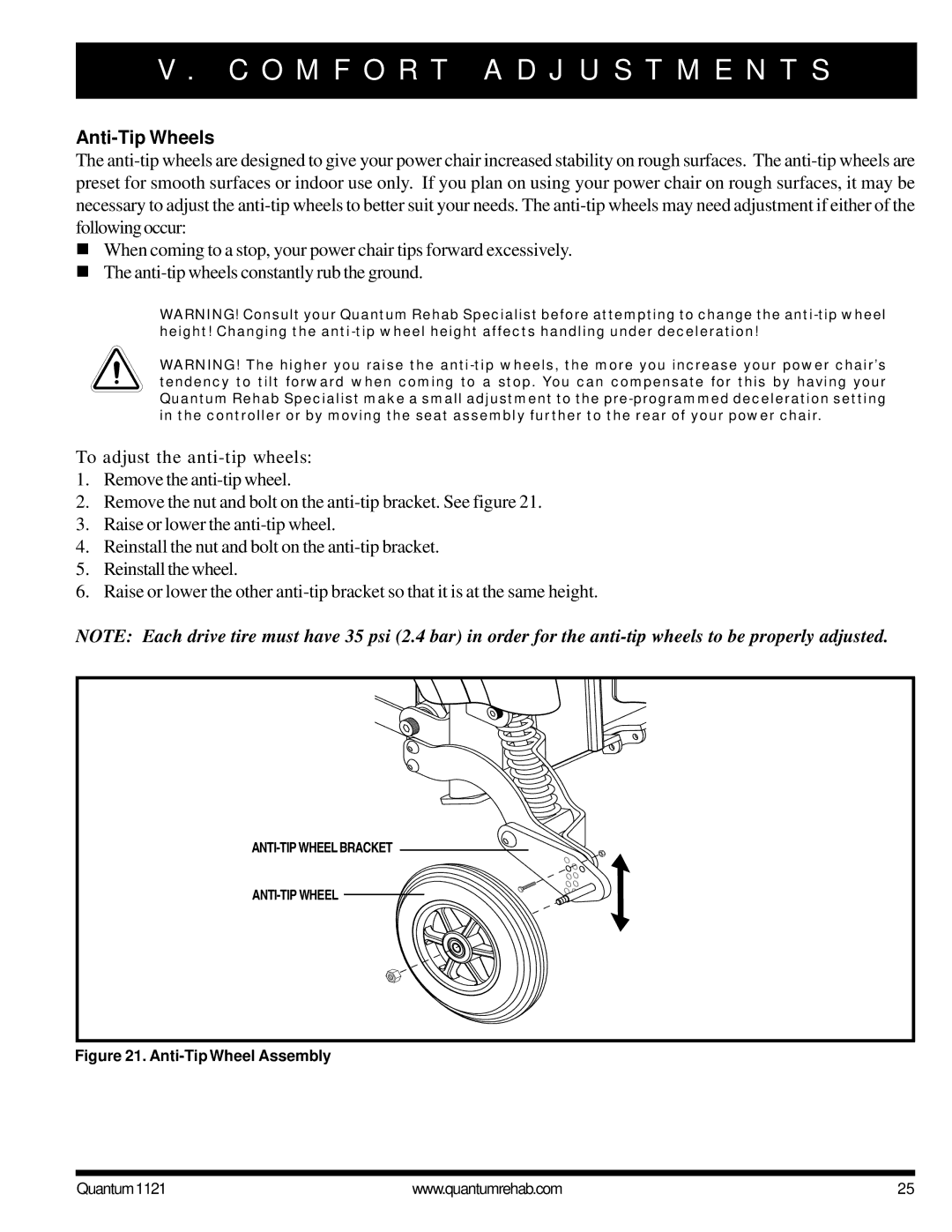 Pride Mobility 1121 owner manual Anti-Tip Wheels, To adjust the anti-tip wheels 