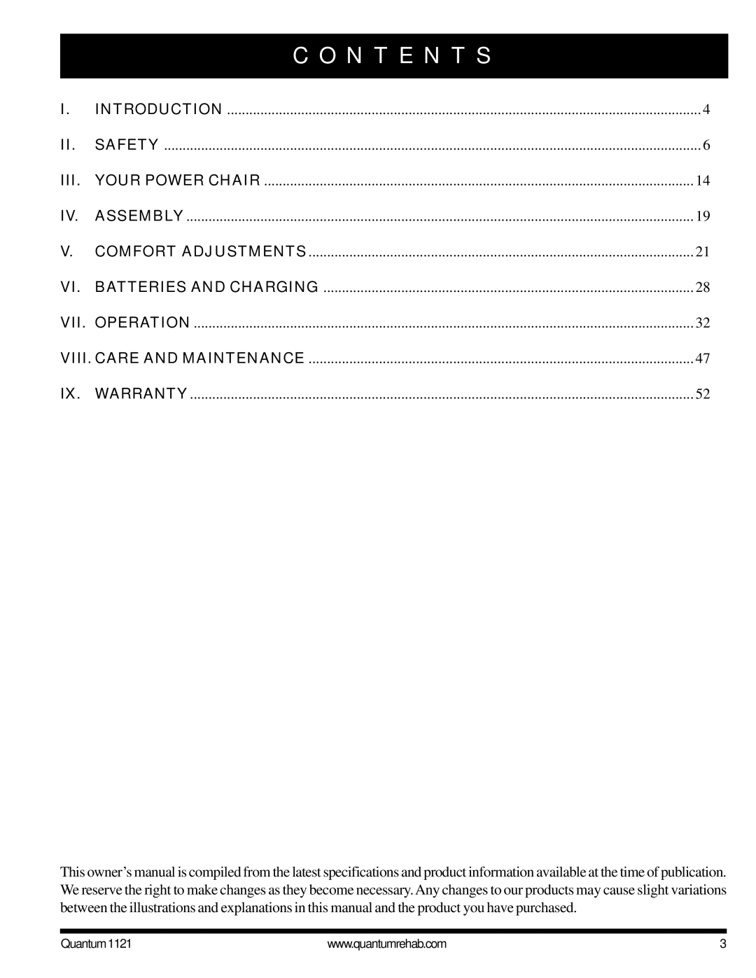 Pride Mobility 1121 owner manual N T E N T S, Iii 