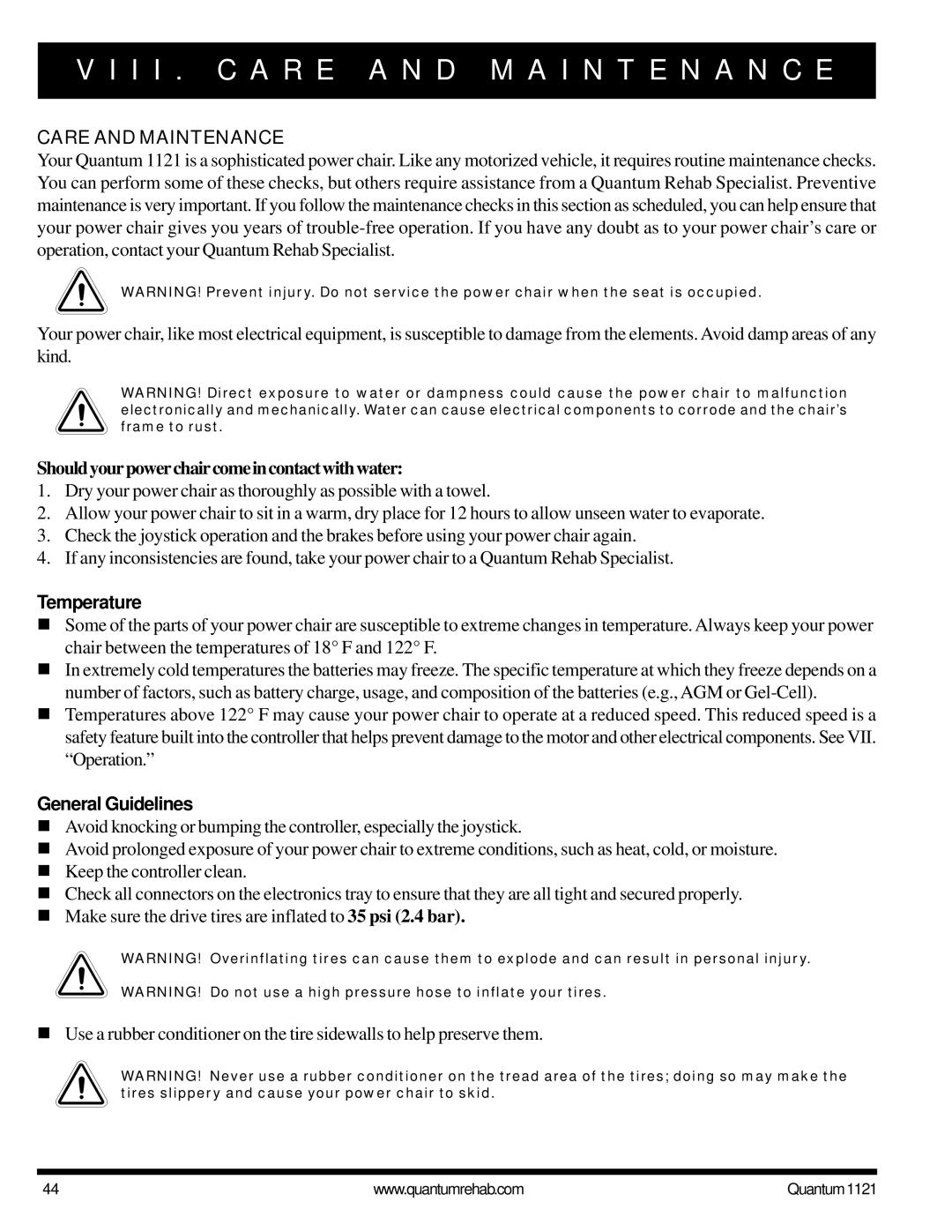 Pride Mobility 1121 I I . C a R E a N D M a I N T E N a N C E, Care and Maintenance, Temperature, General Guidelines 