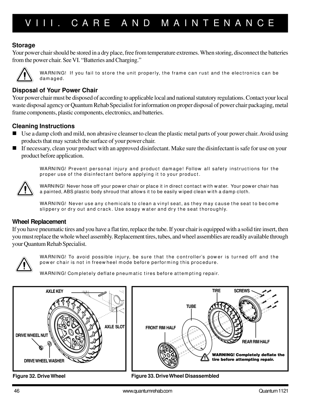 Pride Mobility 1121 owner manual Storage, Disposal of Your Power Chair, Cleaning Instructions, Wheel Replacement 