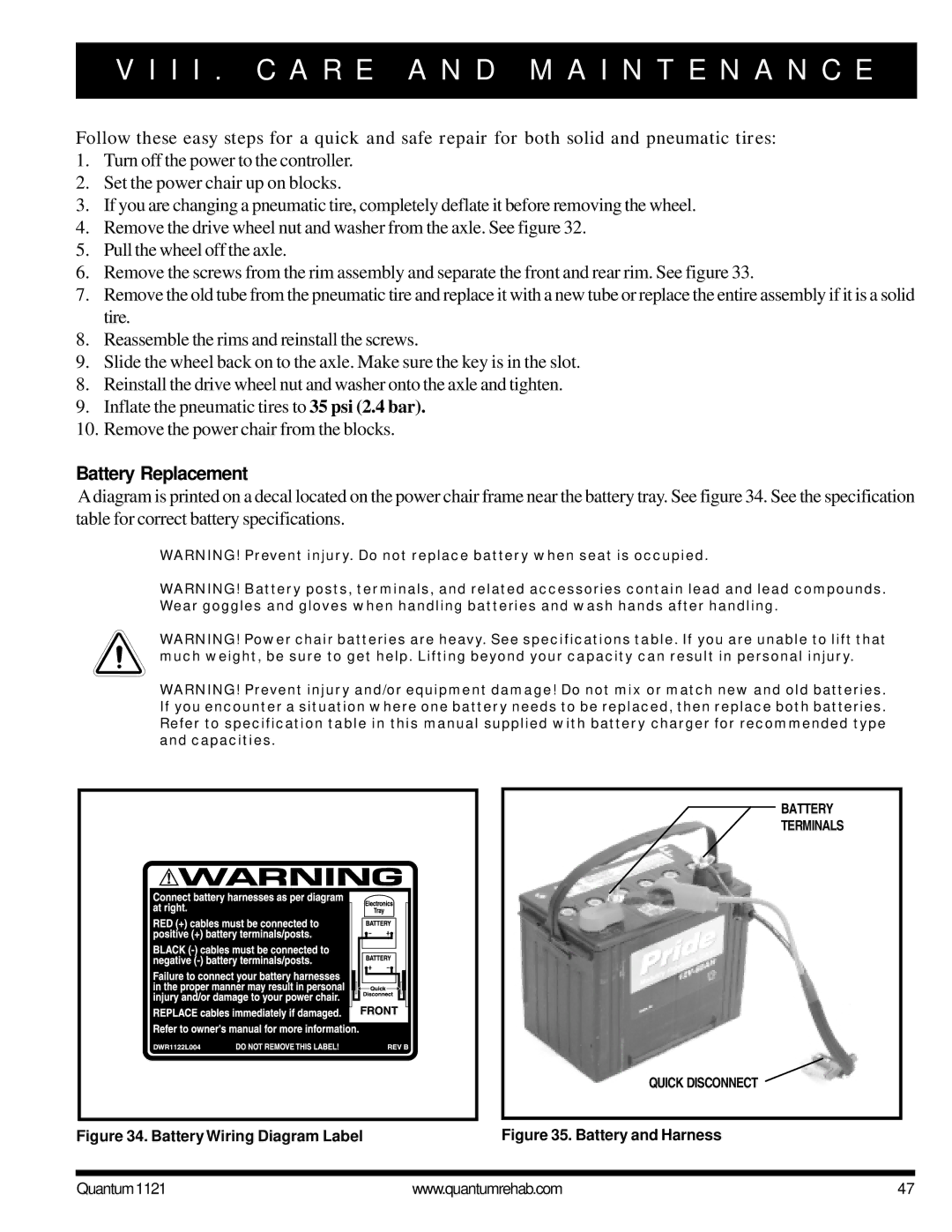 Pride Mobility 1121 owner manual Battery Replacement, Battery Wiring Diagram Label 