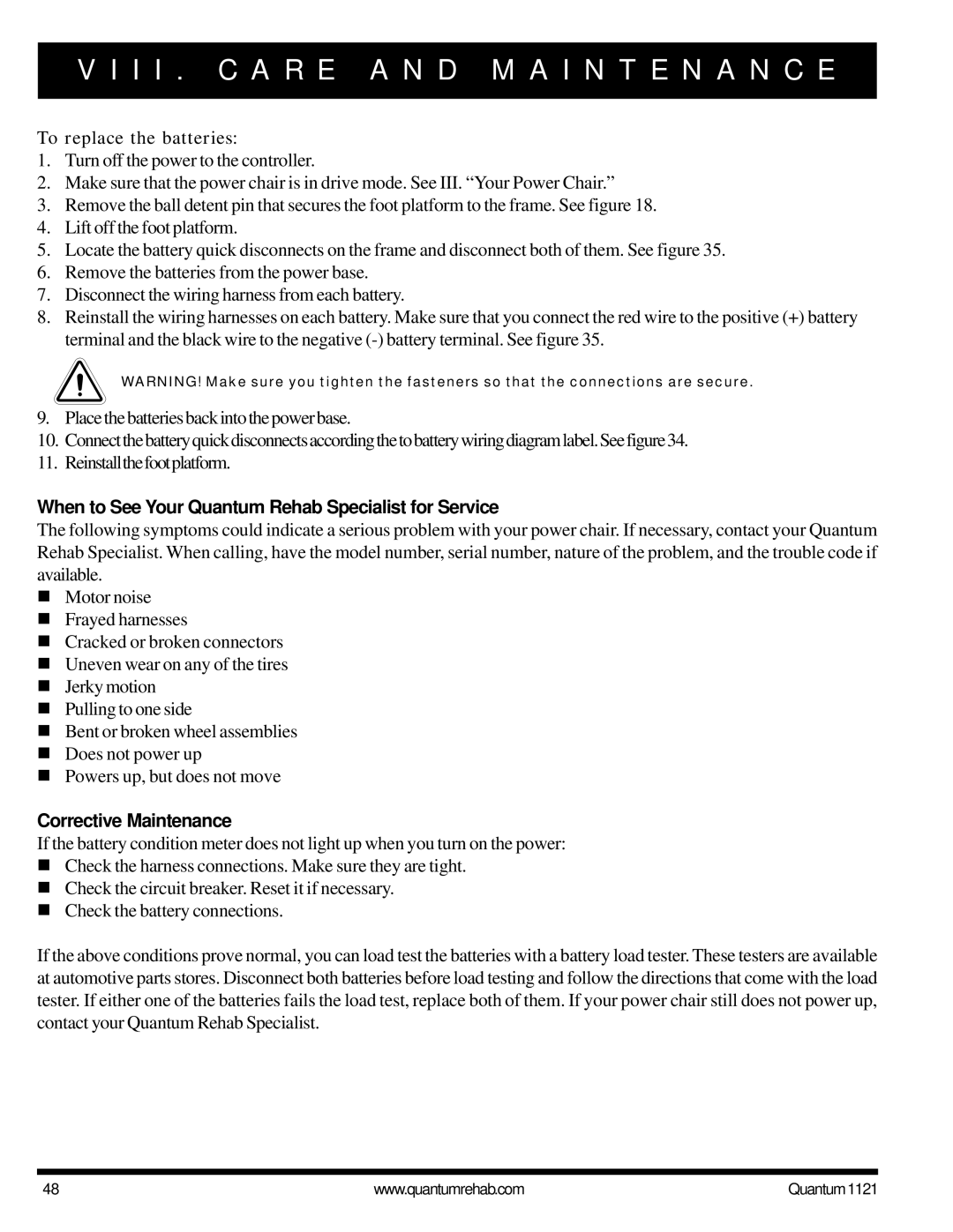 Pride Mobility 1121 owner manual To replace the batteries, When to See Your Quantum Rehab Specialist for Service 