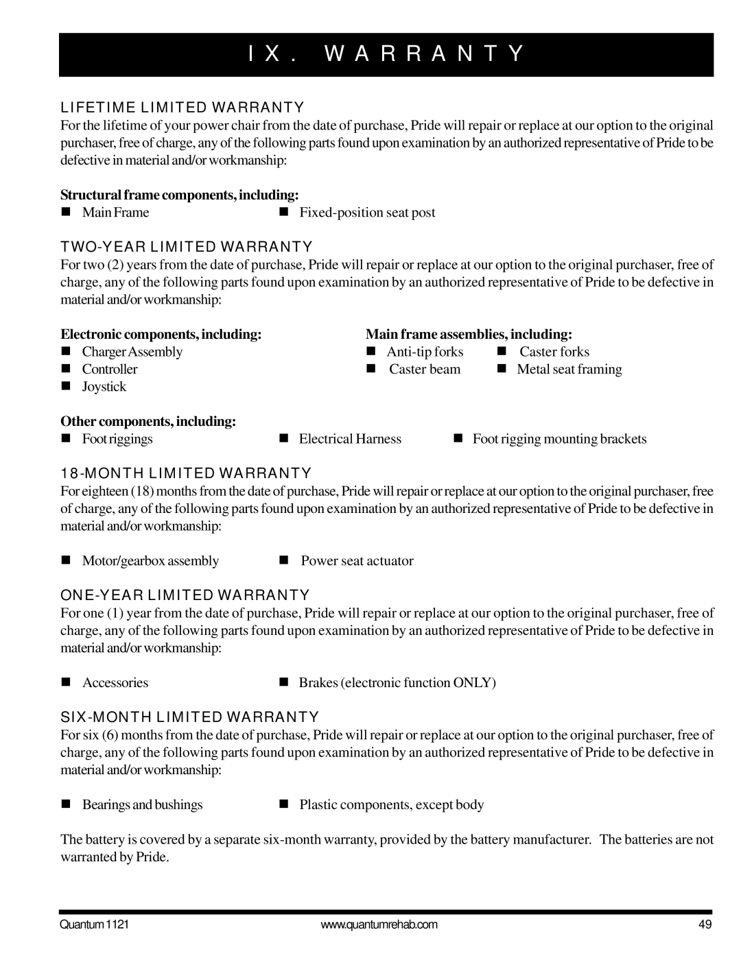 Pride Mobility 1121 owner manual W a R R a N T Y 