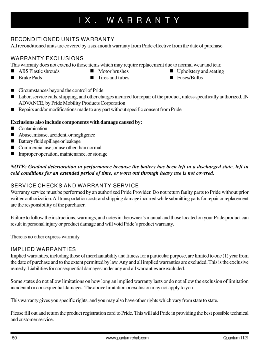 Pride Mobility 1121 owner manual Reconditioned Units Warranty, Warranty Exclusions, Service Checks and Warranty Service 