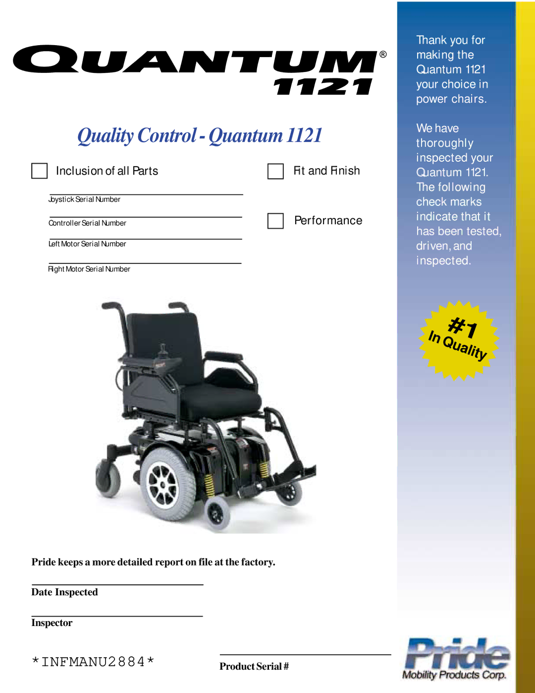 Pride Mobility 1121 owner manual Quality Control Quantum 