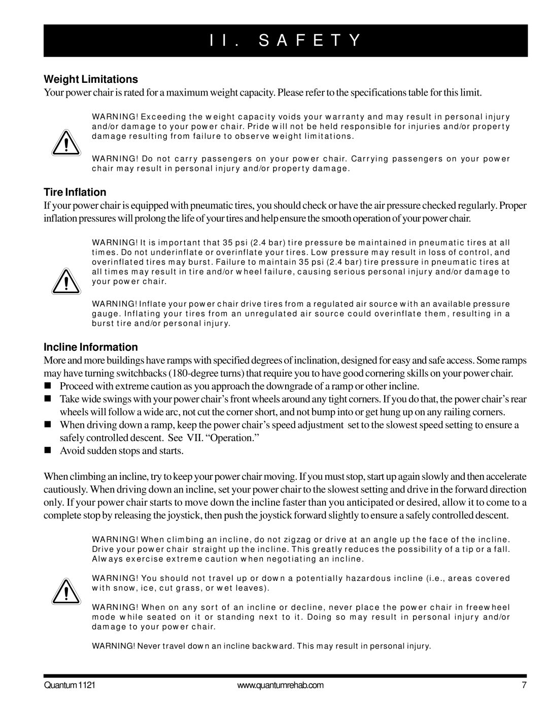 Pride Mobility 1121 owner manual Weight Limitations, Tire Inflation, Incline Information 