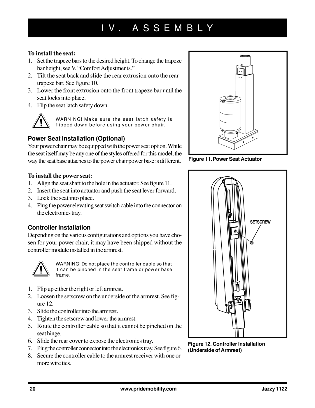 Pride Mobility 1122 owner manual To install the seat, Power Seat Installation Optional, To install the power seat 