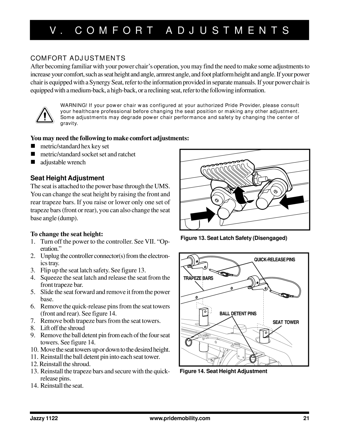 Pride Mobility 1122 owner manual O M F O R T a D J U S T M E N T S, Comfort Adjustments, Seat Height Adjustment 