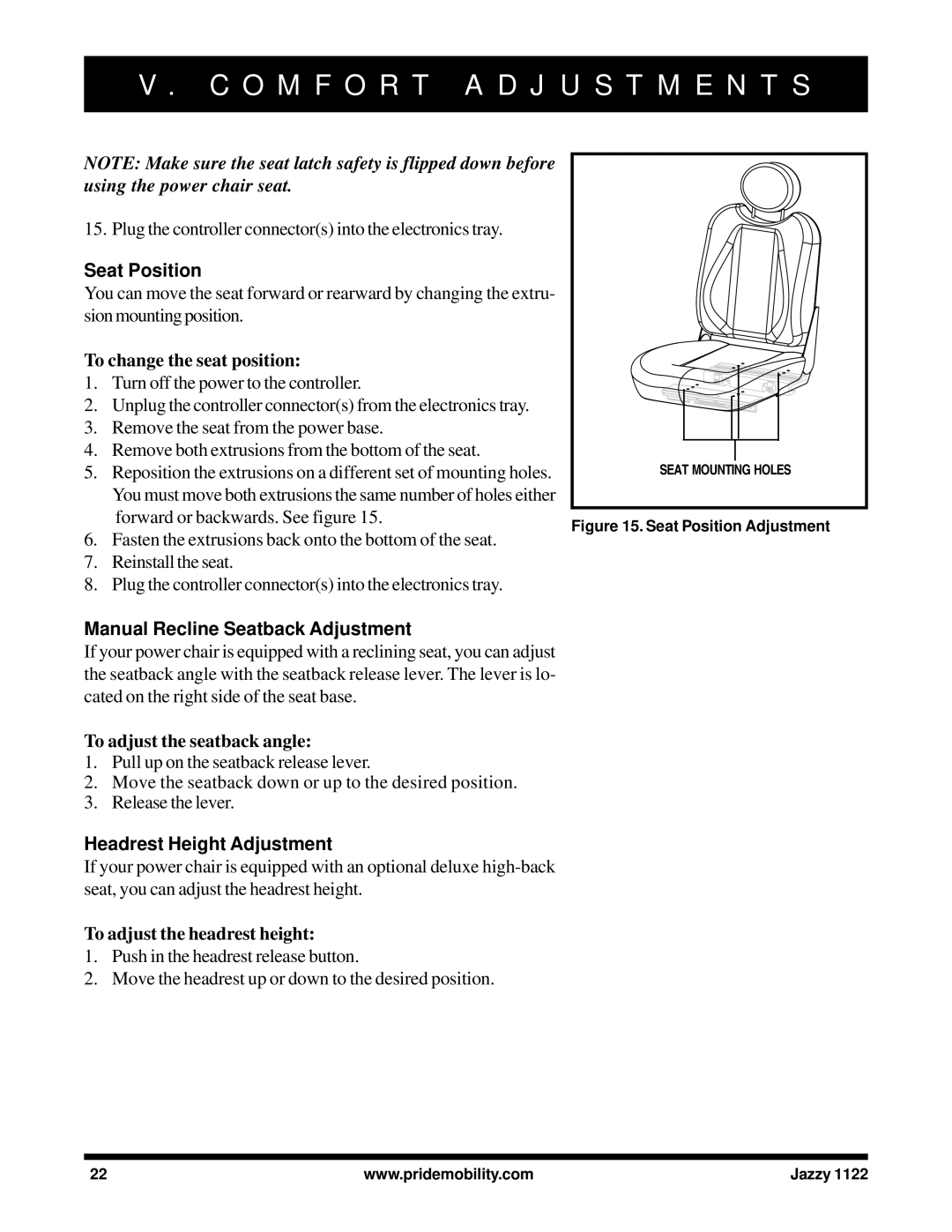 Pride Mobility 1122 owner manual Seat Position, Manual Recline Seatback Adjustment, Headrest Height Adjustment 