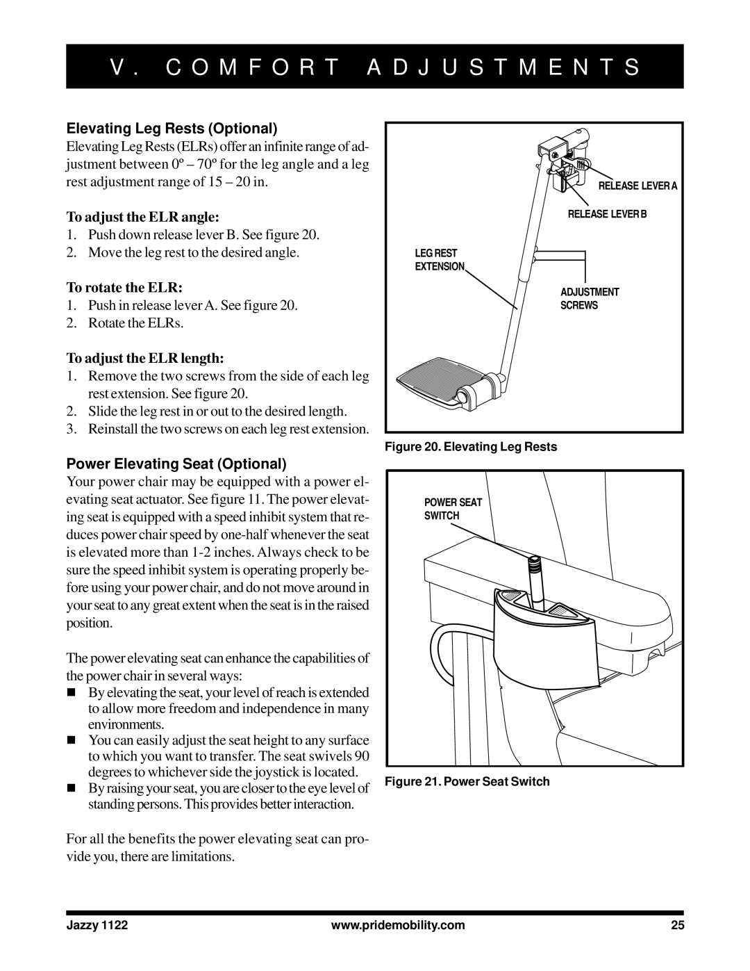 Pride Mobility 1122 Elevating Leg Rests Optional, To adjust the ELR angle, To rotate the ELR, To adjust the ELR length 