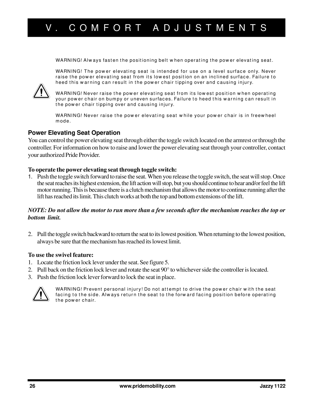 Pride Mobility 1122 owner manual Power Elevating Seat Operation, To operate the power elevating seat through toggle switch 