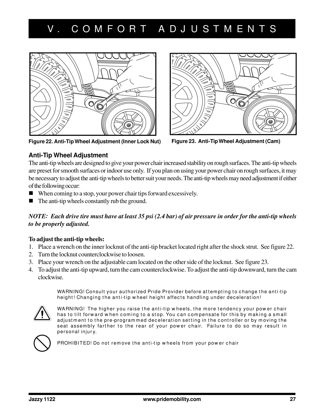 Pride Mobility 1122 owner manual Anti-Tip Wheel Adjustment, To adjust the anti-tip wheels 