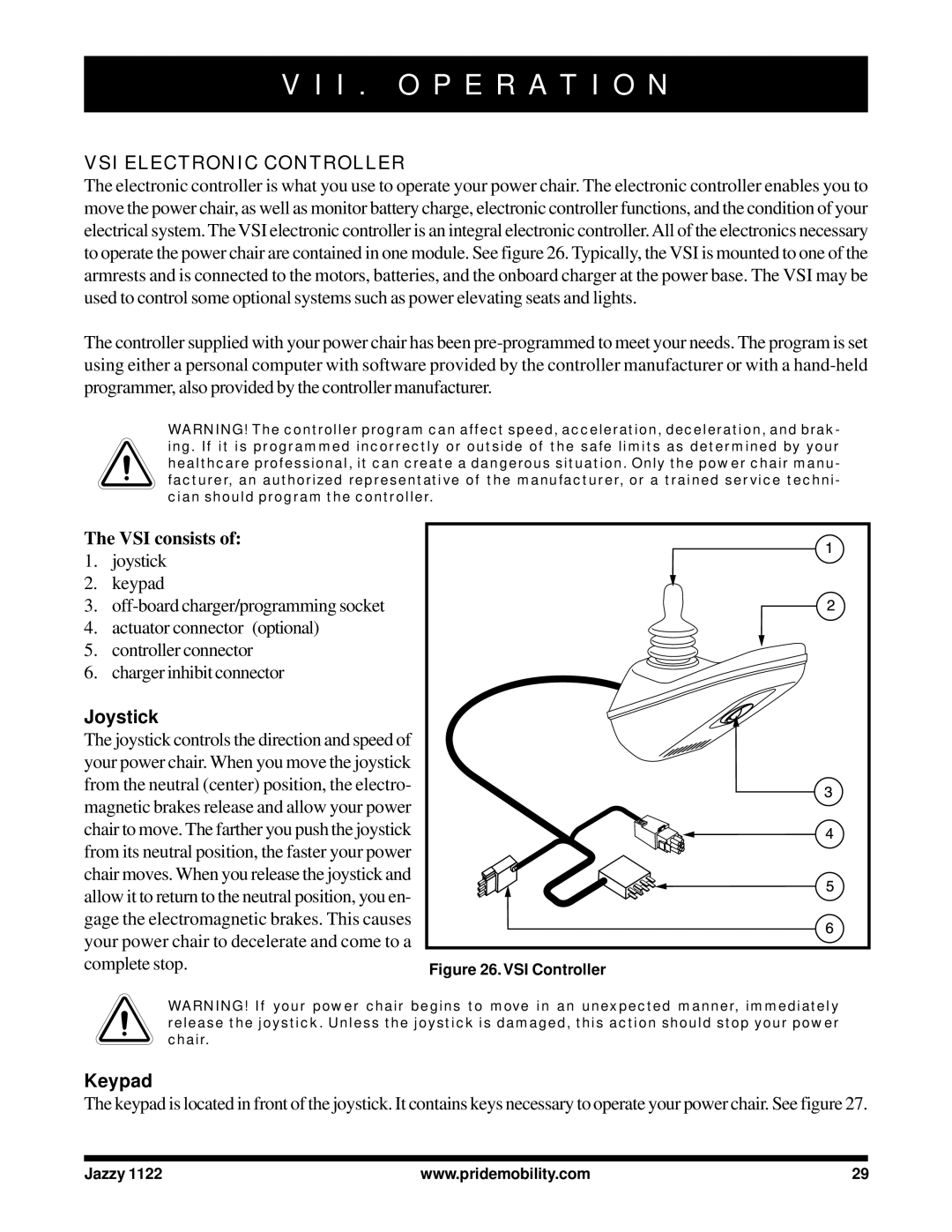 Pride Mobility 1122 owner manual I . O P E R a T I O N, VSI Electronic Controller, VSI consists, Joystick, Keypad 