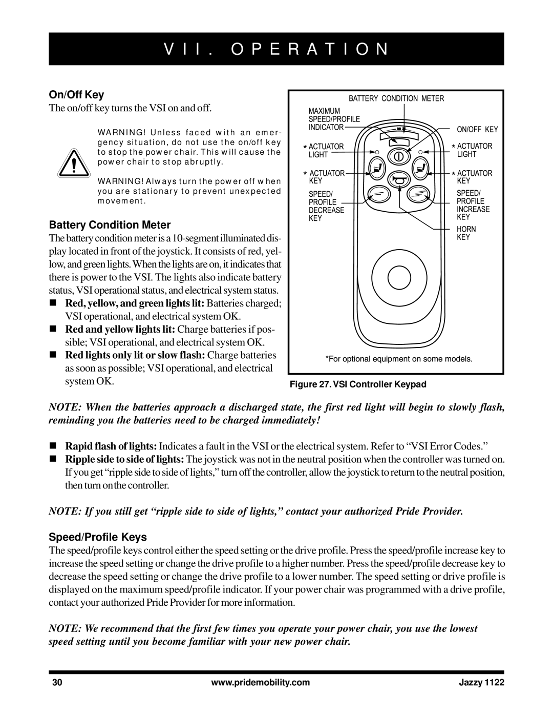 Pride Mobility 1122 owner manual On/Off Key, Battery Condition Meter, System OK, Speed/Profile Keys 