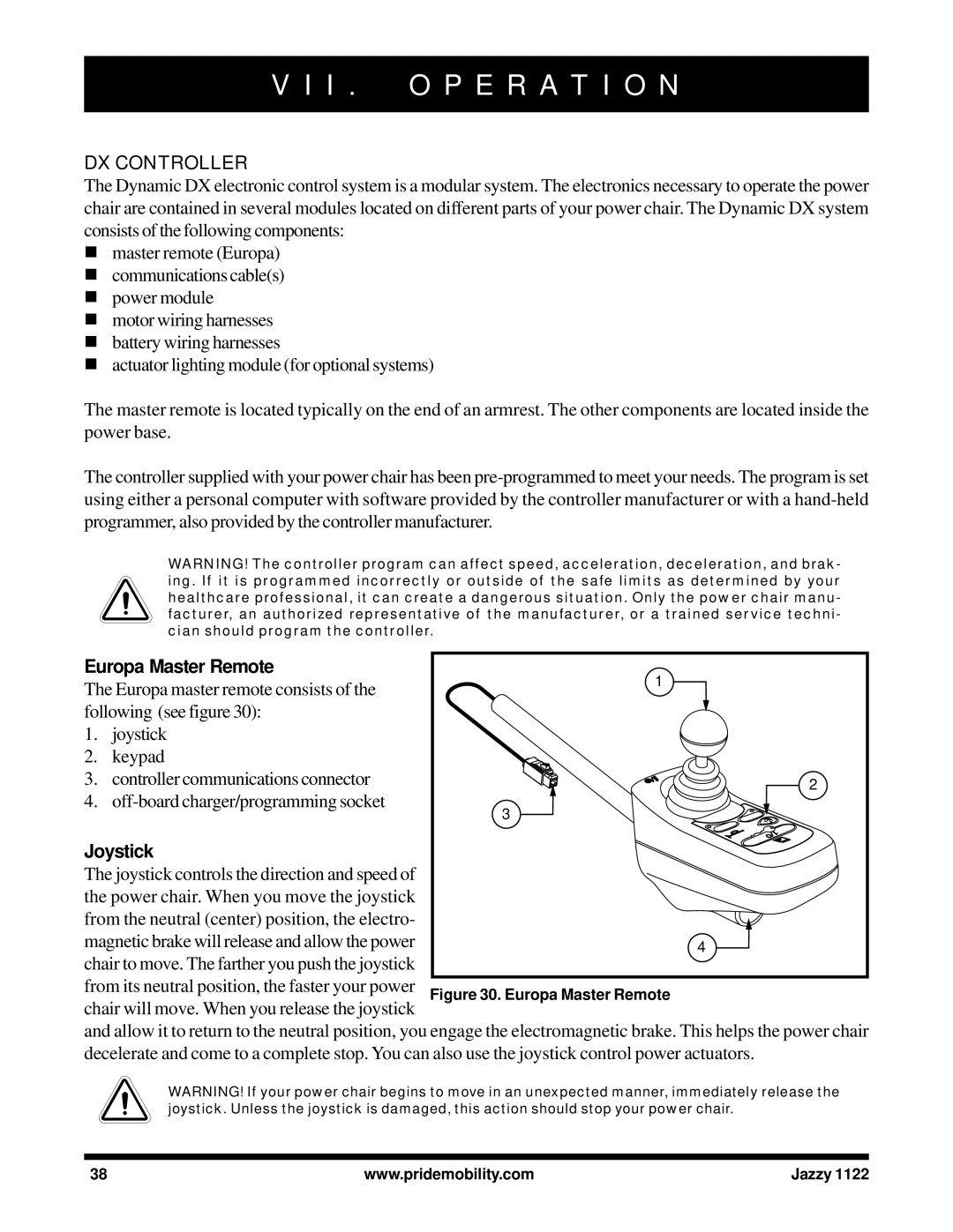 Pride Mobility 1122 owner manual DX Controller, Europa Master Remote 