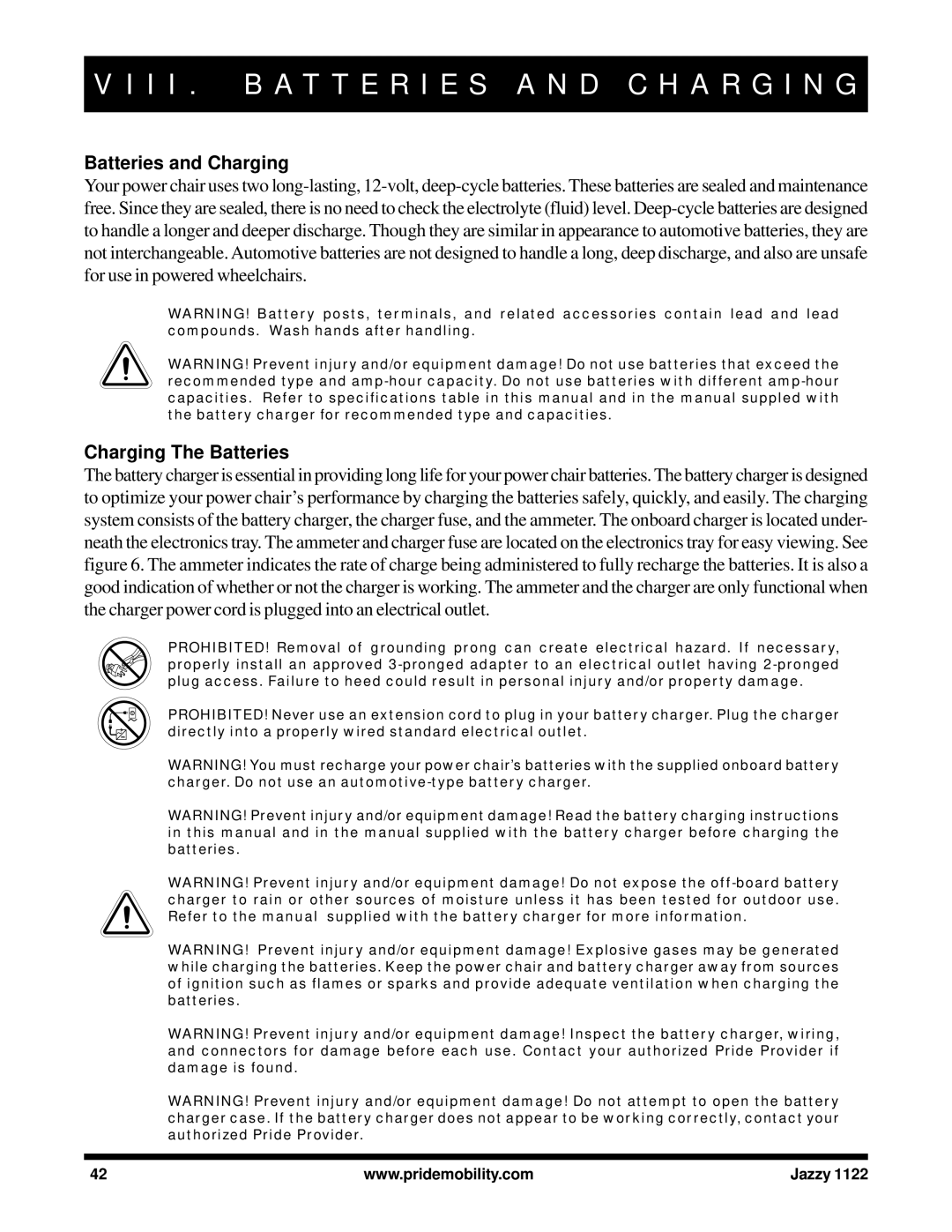 Pride Mobility 1122 I I . B a T T E R I E S a N D C H a R G I N G, Batteries and Charging, Charging The Batteries 