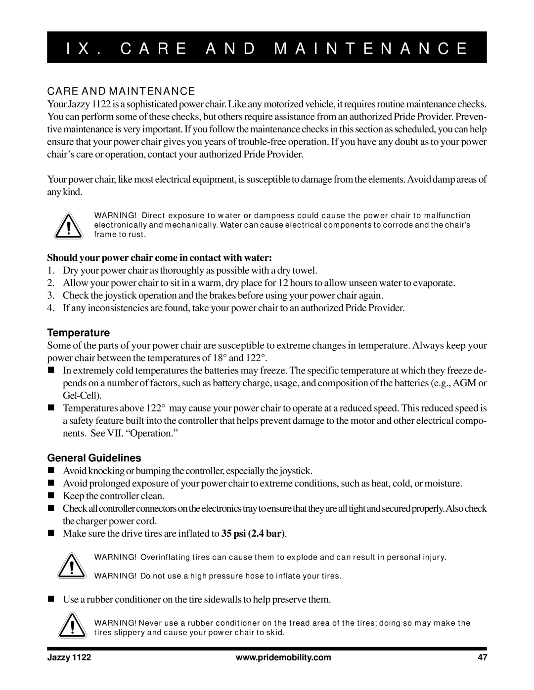 Pride Mobility 1122 owner manual C a R E a N D M a I N T E N a N C E, Care and Maintenance, Temperature, General Guidelines 