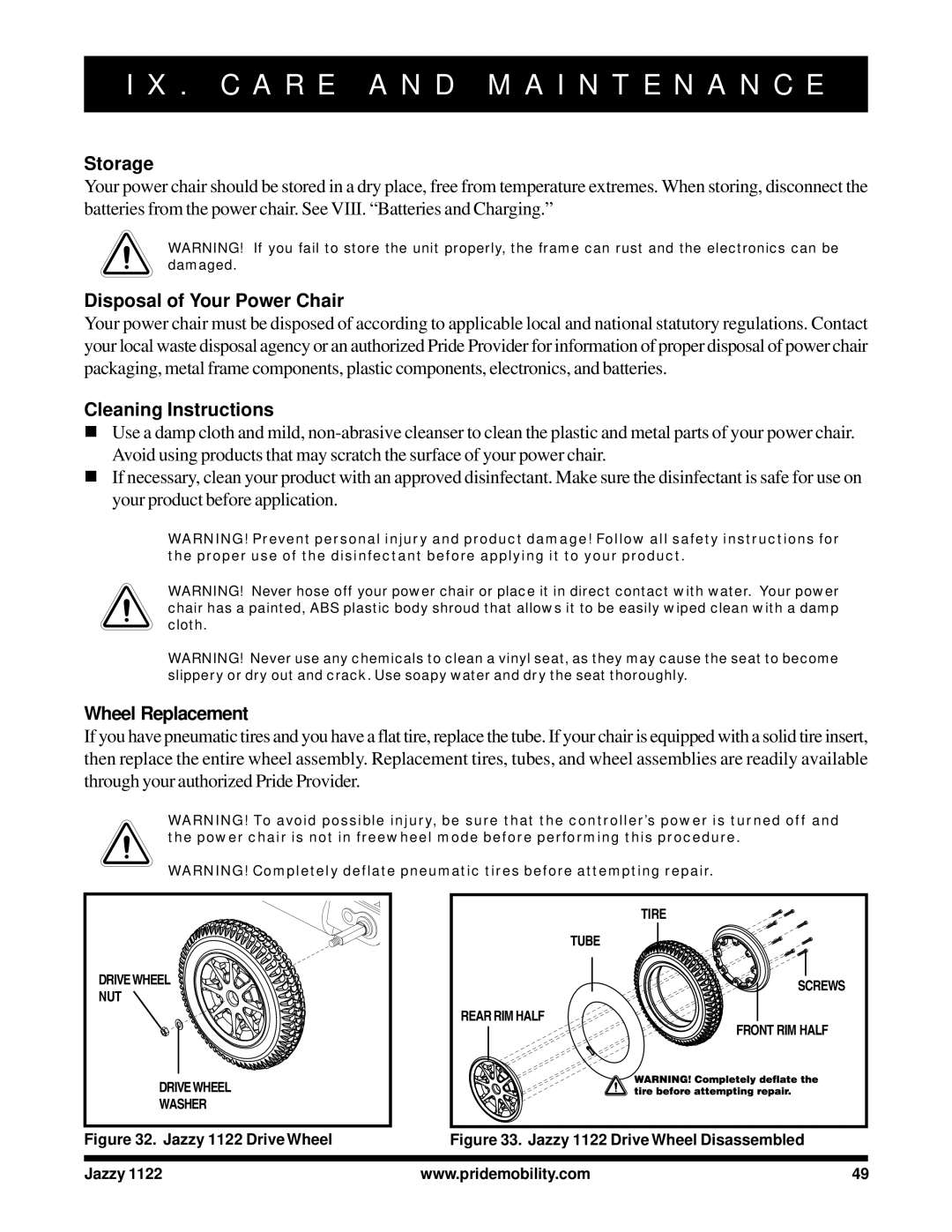 Pride Mobility 1122 owner manual Storage, Disposal of Your Power Chair, Cleaning Instructions, Wheel Replacement 