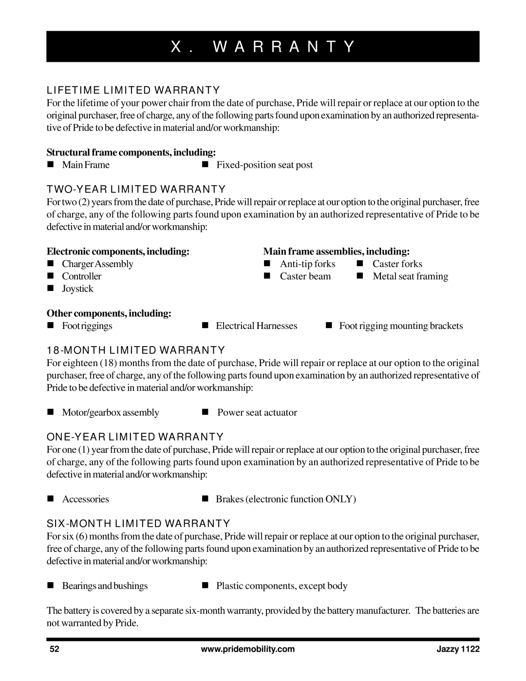 Pride Mobility 1122 owner manual A R R a N T Y 