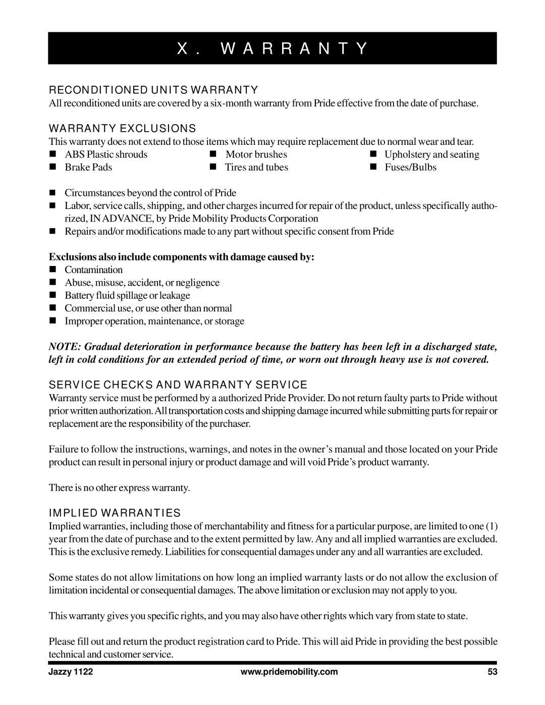 Pride Mobility 1122 owner manual Reconditioned Units Warranty, Warranty Exclusions, Service Checks and Warranty Service 