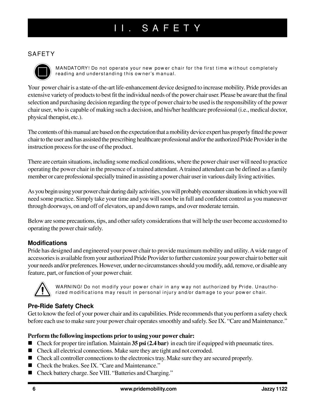 Pride Mobility 1122 owner manual S a F E T Y, Modifications, Pre-Ride Safety Check 