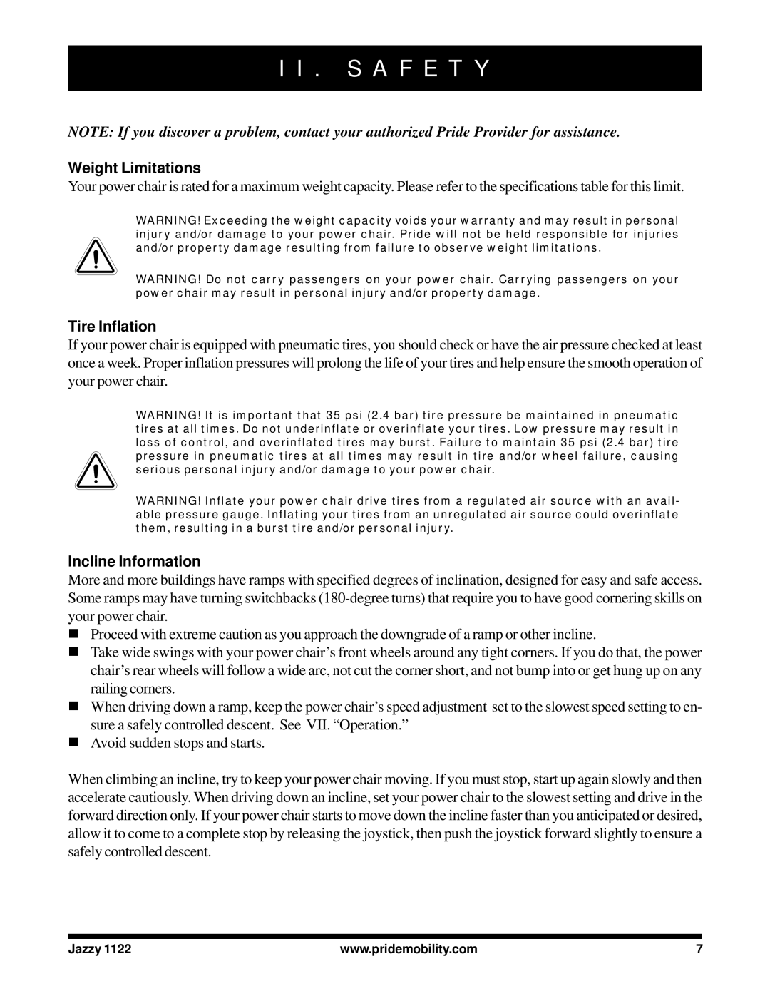 Pride Mobility 1122 owner manual Weight Limitations, Tire Inflation, Incline Information 