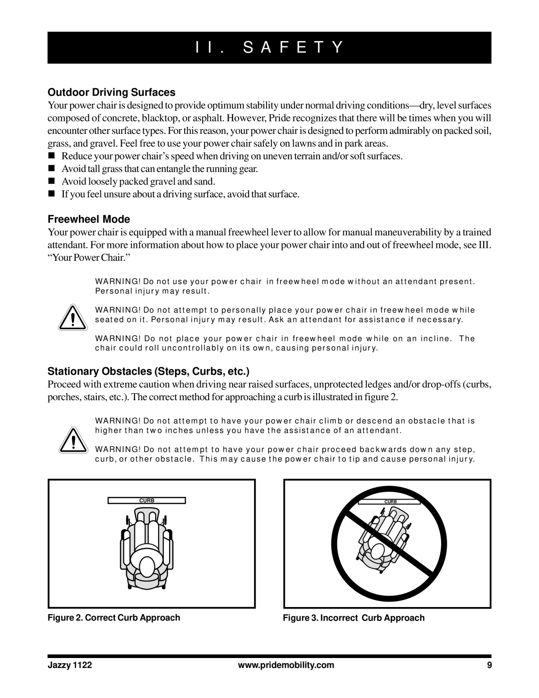 Pride Mobility 1122 owner manual Outdoor Driving Surfaces, Freewheel Mode, Stationary Obstacles Steps, Curbs, etc 