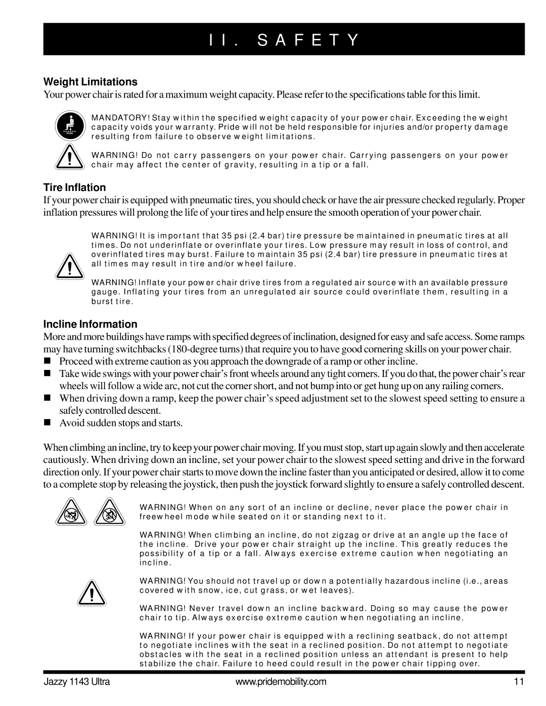 Pride Mobility 1143 manual Weight Limitations, Tire Inflation, Incline Information 