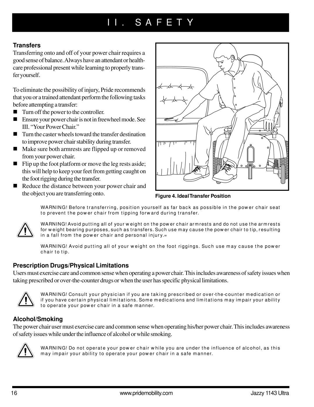 Pride Mobility 1143 manual Transfers, Prescription Drugs/Physical Limitations, Alcohol/Smoking 