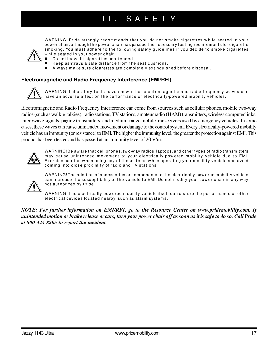 Pride Mobility 1143 manual Electromagnetic and Radio Frequency Interference EMI/RFI 