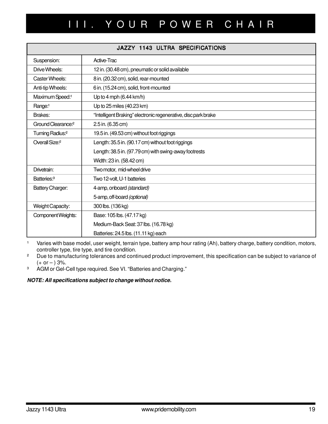 Pride Mobility manual Jazzy 1143 Ultra Specifications 